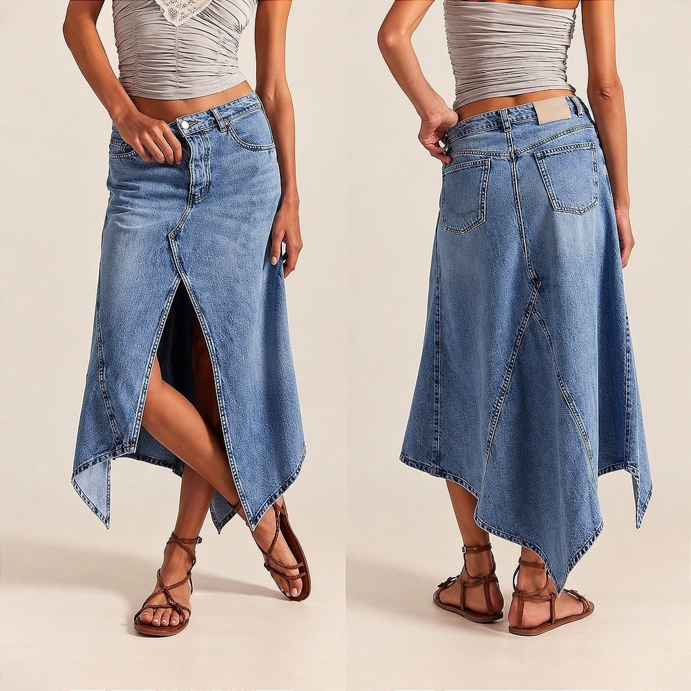 Free People We The Free Come As You Are Asymmetrical Denim Maxi Skirt Blue 28